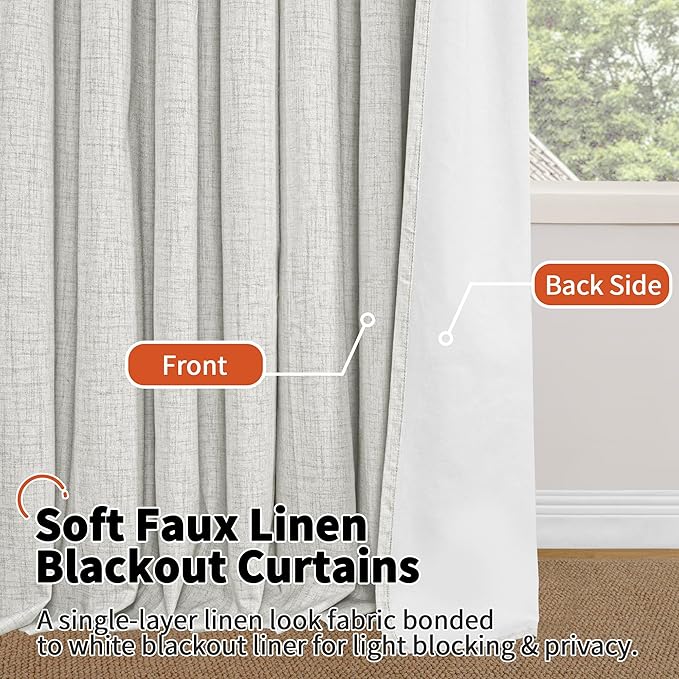 100% Blackout Curtains for Living Room 84 Inch Length 2 Panels Set, Thermal Insulated Light Blocking Boho Faux Linen Window Curtains for Bedroom, Bronze Grommet, Each 52" Wide, Light Grey