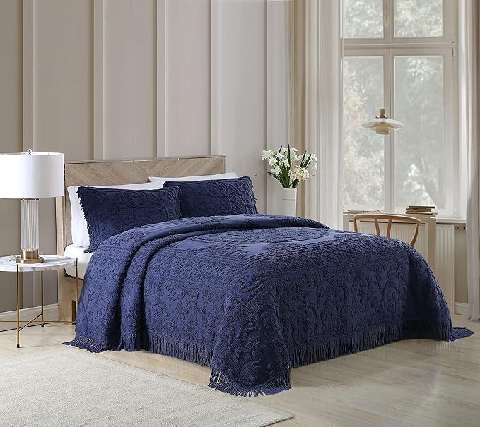 Beatrice Home Fashions Medallion Chenille Bedspread, King Sham, Navy