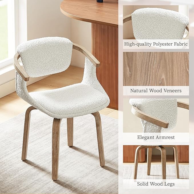 Art Leon Swivel Dining Chairs, Set of 2, Mid Century Modern Boucle Fabric Kitchen Dining Room Chair with Arms, Desk Chairs No Wheels, White