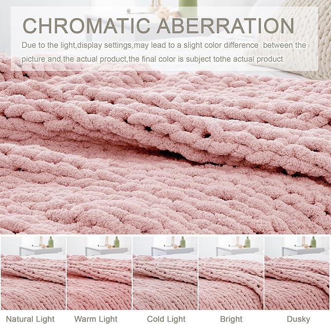 Chunky Knit Throw Blanket 60"X 80", 100% Handmade with Soft Chenille Yarn, 4.4lbs Thick Cable Knitted Blankets, Large Rope Knot Crochet Throws for Couch Sofa Bed Home Decor, Dusty Pink