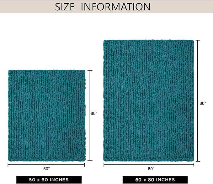 Chunky Knit Throw Blanket 50"X 60", 100% Handmade with Soft Chenille Yarn, 4.4lbs Thick Cable Knitted Blankets, Large Rope Knot Crochet Throws for Couch Sofa Bed Home Decor, Teal