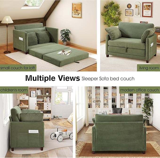 51" Loveseat Sleeper Sofa Bed, Corduroy Convertible Floor Sofa Bed for Small Spaces, Folding Couch Bed with Deep Seat, 2 Pillows & Solid Frame, Pull Out Floor Couch for Living Room, Green