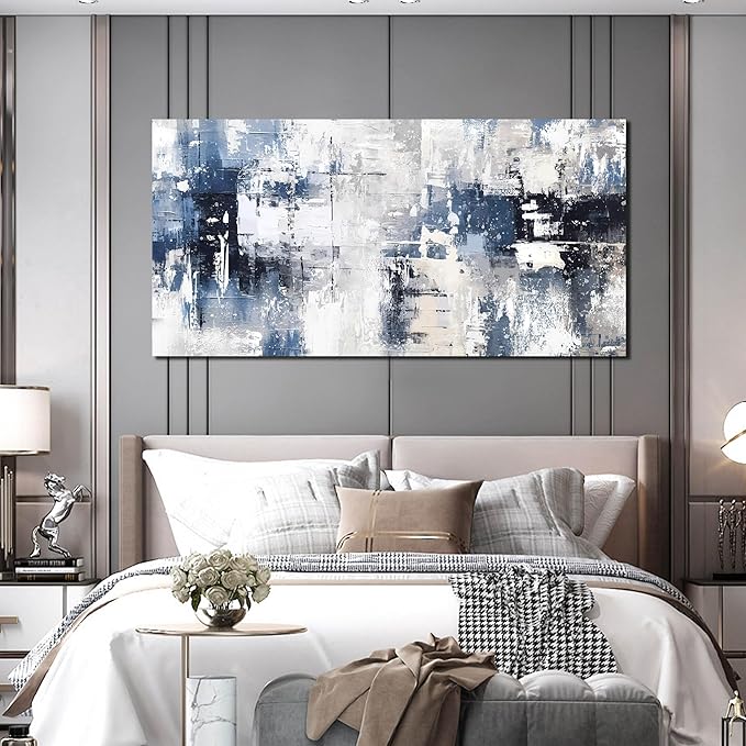 Prepeyssee White and Blue Abstract Canvas Wall Art for Living Room Bedroom Home Office Large Modern Grey Abstract Canvas Prints Picture Ready to Hang Size 29x59