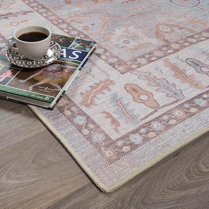 Fame Rugs Brown Modern Oushak Rug 2x3, Vintage Doormat Turkish Colorful Oriental Antique Inspired Washable Small Area Rug, Luxury Living Room Bedroom (382MB, 2' x 3')