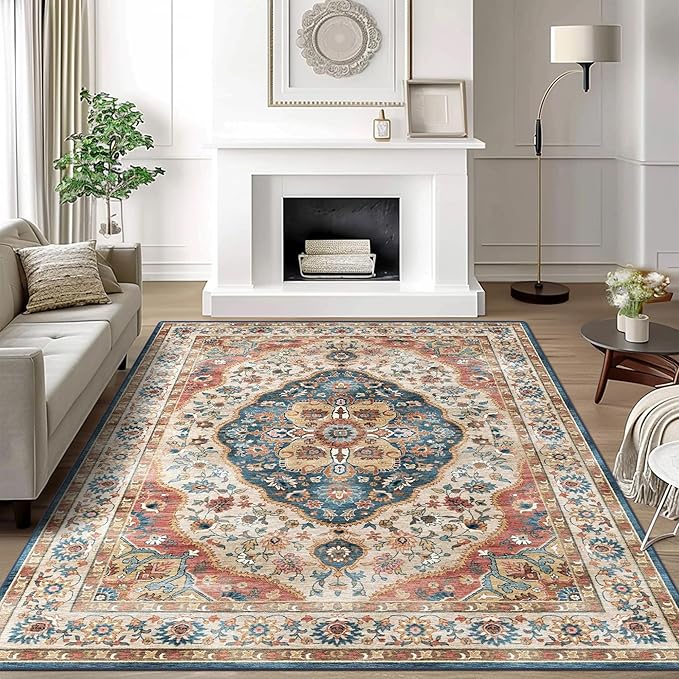 vivorug 9x12 Area Rugs for Living Room, Non Slip Machine Washable Vintage Beige Rug, Ultra-Thin Lightweight Large Area Rug for Bedroom, Dining Room, Low Pile