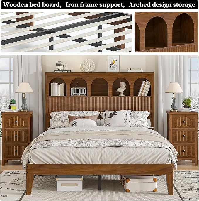 Queen Bed Frame with Storage Headboard 5 Arched Storage Compartments, 12.4 Inch Farmhouse Wooden Queen Bed Frame, No Box Spring Needed, No Noise (Walnut)