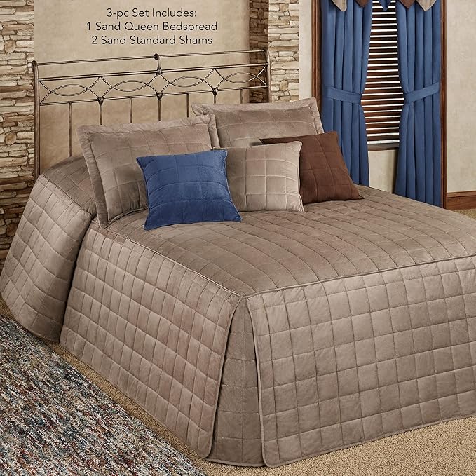 Touch of Class Camden Luxury Bedding | Neutral Sand Color | Grande Fitted Bedspread | Faux Suede Box Quilted Design | Designed 3 Piece Set Includes Queen Bedspread and 2 Standard Shams