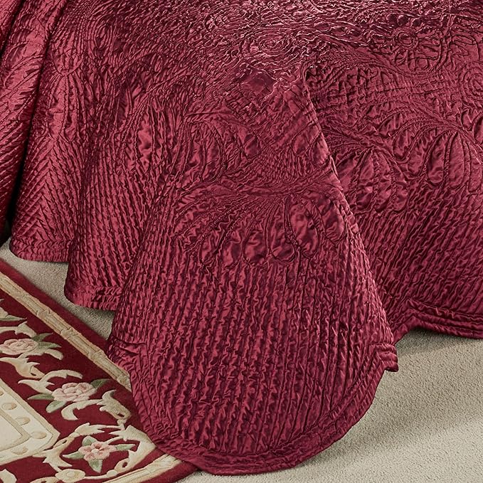 Touch of Class Portia Luxury Bedding | Rich Ruby Red | Premier Quilted Polyester Satin | Romantic Hand Guided Machine Quilted Scroll Design 3 Piece Set with Full Bedspread and 2 Standard Shams