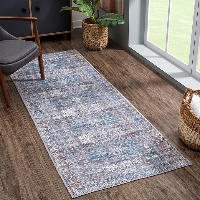 Bloom Rugs Washable 12 ft Runner - Slate Gray/Blue Traditional Runner for Entryway, Hallway, Bathroom, and Kitchen - Exact Size: 2.5' x 12'