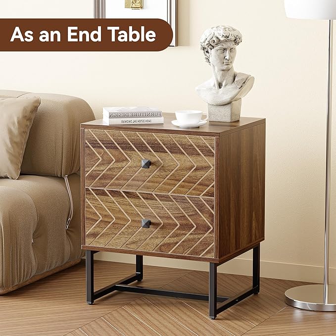 Modern Nightstand Set of 2,Morden Night Stand with 2 Drawers,End Tables with Storage,Bedside Tables for Bedroom,Walnut
