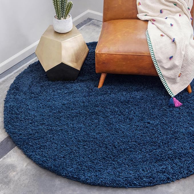 Unique Loom Solid Shag Collection Area Rug (3' 3" Round, Sapphire Blue/ Navy Blue)