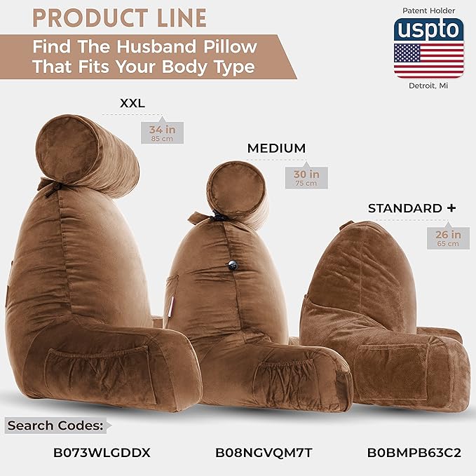 Husband Pillow Chocolate, Original Reading Pillow in Bed Rest Chair, Shredded Memory Foam Large Lounge Cushion Adult Backrest with Arms, Comfy Back Support for Sit Sitting Up, Wash/Removable Cover