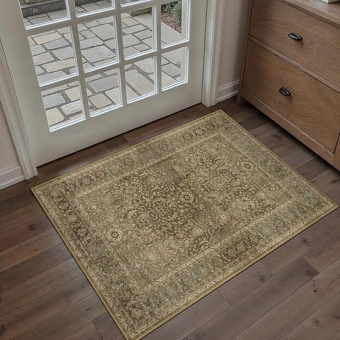 Brown 2x3 Area Rug Washable Vintage Small Carpet for Entryway Kitchen Soft Retro Floral Low Pile Thin Door Mat Non Slip Traditional Distressed Rug for Bathroom Office Bedroom Dining Room