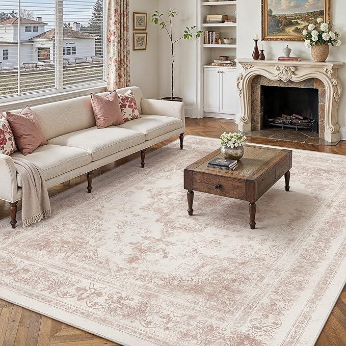 Washable Rug 6x9 Area Rug for Living Room Pink Vintage Boho Medallion Large Distressed Retro Carpet Non Slip Indoor Low Pile Small Soft Bedroom Dining Room Home Office