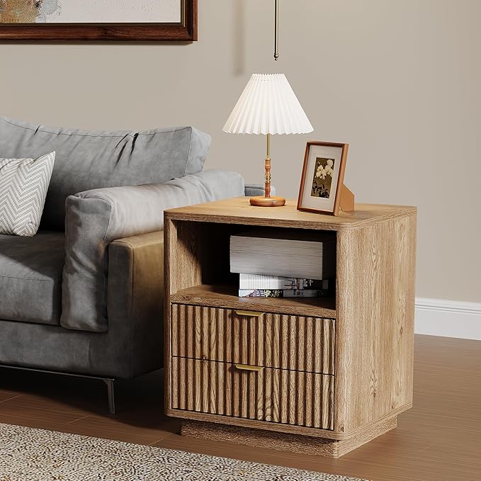 Fluted Nightstands Set of 2 - Walnut Nightstand with 2 Drawers & Open Shelves, 22" Wide Large Bedside Stand Modern Storage Wooden Side Tables for Bedroom (Natural Oak)
