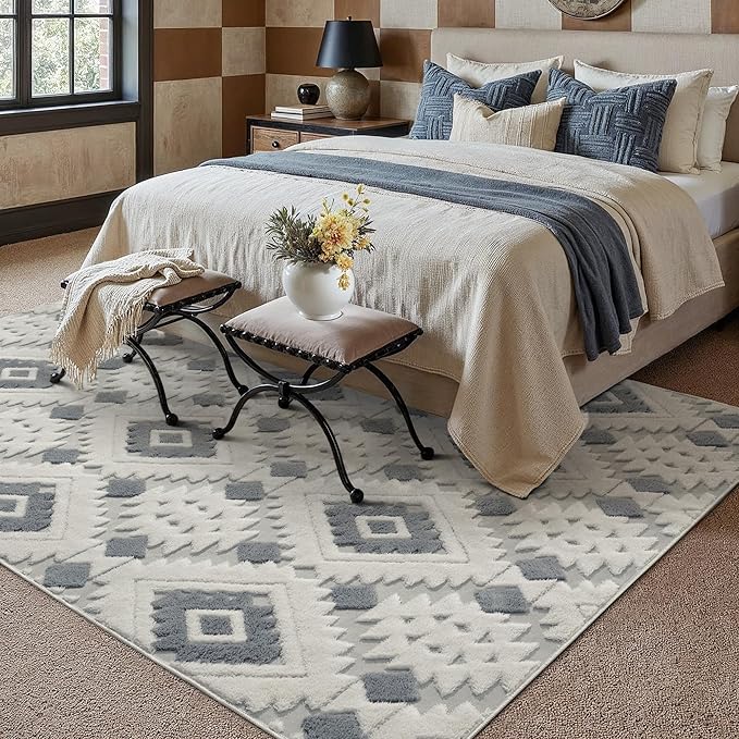 Ivory Grey 5x7 Area Rug Washable Living Room Moroccan Shag Carpet Non Slip Soft Neutral Boho Plush Pile Large Throw Rug for Kitchen Office Dining Room Bedroom Laundry