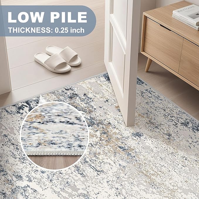 Square Area Rug Living Room Rugs - 6x6 Washable Large Soft Indoor Neutral Modern Abstract Low Pile Rug Carpet for Bedroom Dining Room Farmhouse Home Office - Beige Blue