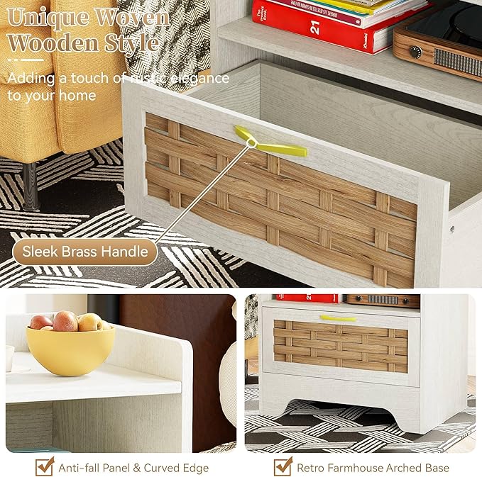 24" Rattan Nightstand with Storage Drawer, White Bedside Table with Semi Open Cubby, Boho Night Stand with Farmhouse Arched Base for Bedroom, Side Table, End Table for Dorm