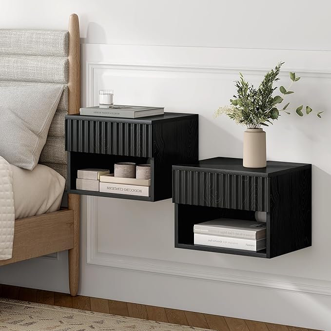 Floating TV Stands Set of 4 with Drawer and Open Shelf, Small Wall Mounted Bedside End Table, Modern Fluted Night Stand for Bedroom, Living Room, Black