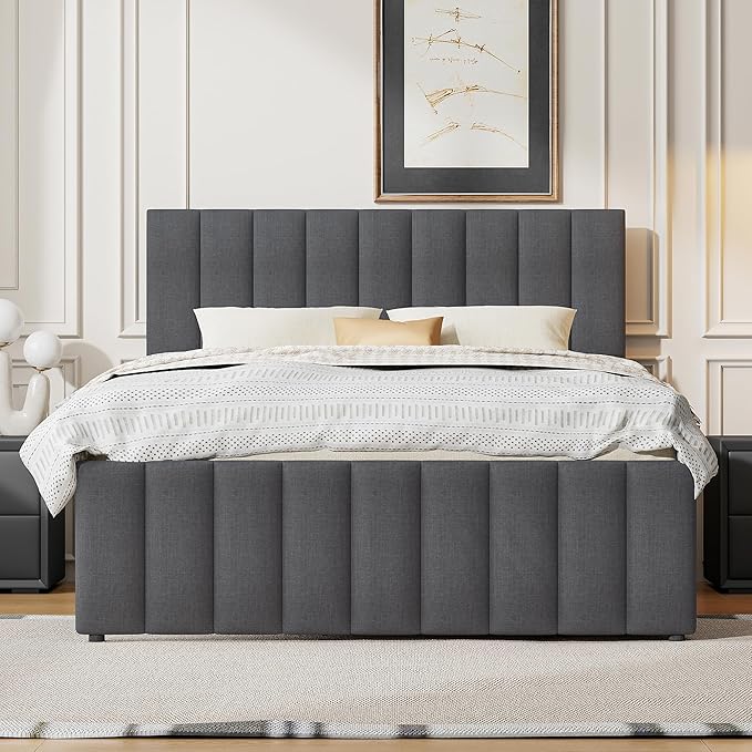 Bellemave Full Size Bed Frame with Twin Trundle Bed and Storage Drawers,Linen Upholstered Bed Frame,Full Size Trundle Bed with Adjustable Headboard for Kids Teens Adults,Gray