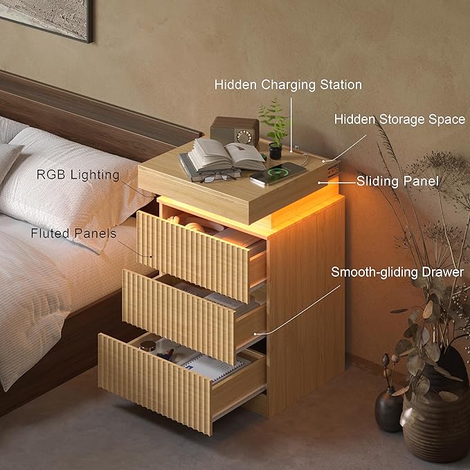 Nightstand Set of 2 for Bedroom, LED Nightstand with 3 Drawers and Charging Station, Mid Century Modern Fluted Nightstands, Bedside Tables & End Tables, Wood