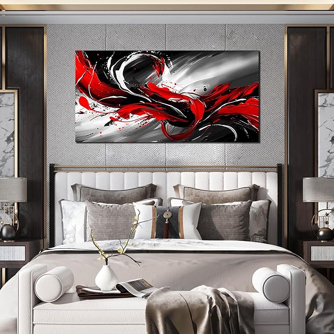 Black White and Red Abstract Print Picture Painting Large Canvas Wall Art for Living Room Bedroom Framed Canvas Wall Decor Modern Room Abstract Wall Decorations Artwork Size 24x48 Ready to Hang