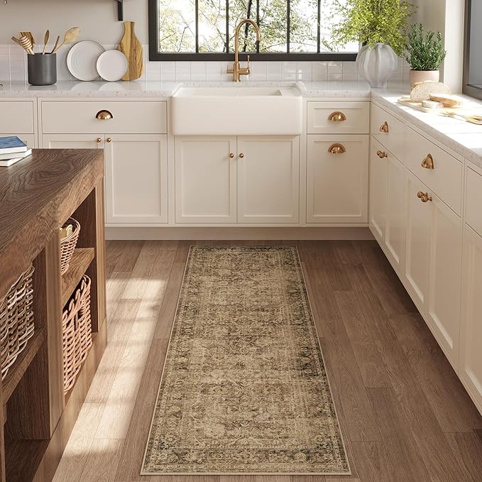 Fmfunctex 2x5 Washable Runner Rug Brown Vintage Neutral Distressed Non Slip Low Pile Indoor Carpet Soft Retro Floral Hallway Entryway Rug for Kitchen Living Room Bedroom Bathroom Laundry Entry Bedside
