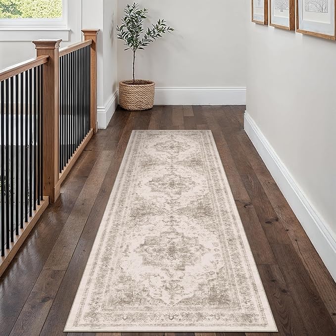 Runner Rug 2x8 Beige Hallway Washable Carpet Non Slip Vintage Medallion Carpet Low Pile Soft Distressed Retro Indoor Long Rug for Entryway Kitchen Bathroom Laundry Bedroom