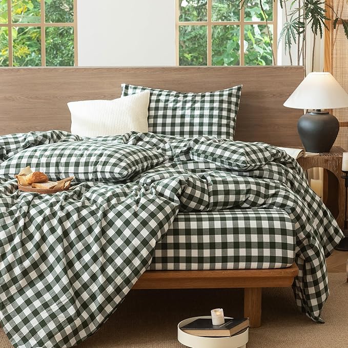 MooMee Gingham Duvet Cover Set 100% Washed Cotton Linen Like Textured Breathable Durable Soft Comfy Modern Checkered Design (Buffalo Plaid Forest Green, Cal King 104"x98")
