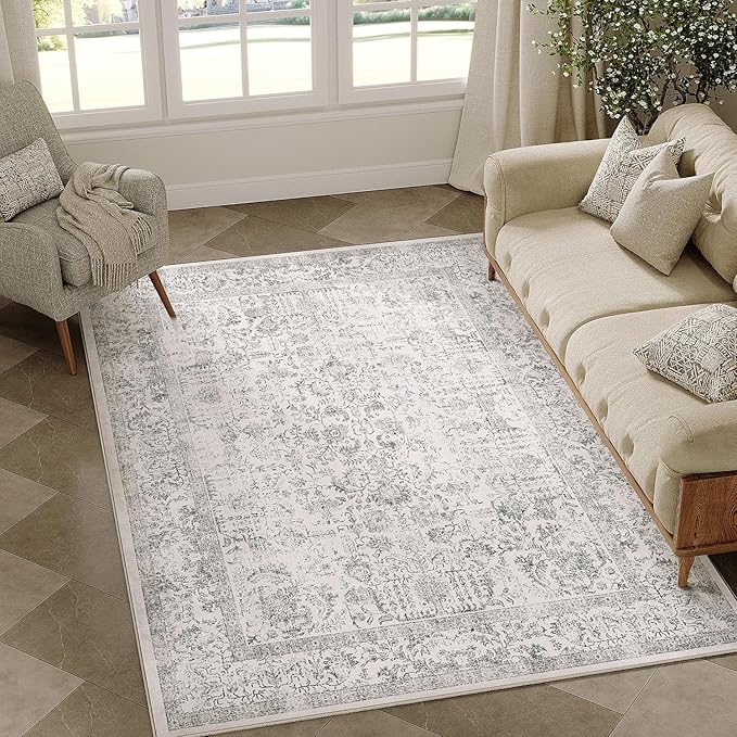 Gray Area Rug 4x5 Office Entryway Rug Machine Washable Kitchen Vintage Distressed Non Slip Carpet Indoor Grey Retro Floral Accent Throw Door Mat for Bathroom Bedroom Dining Living Room