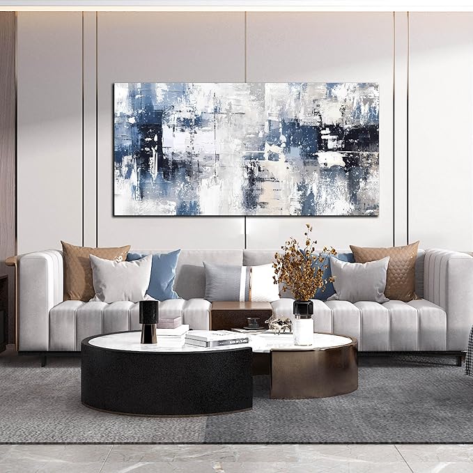 Prepeyssee White and Blue Abstract Canvas Wall Art for Living Room Bedroom Home Office Large Modern Grey Abstract Canvas Prints Picture Ready to Hang Size 29x59