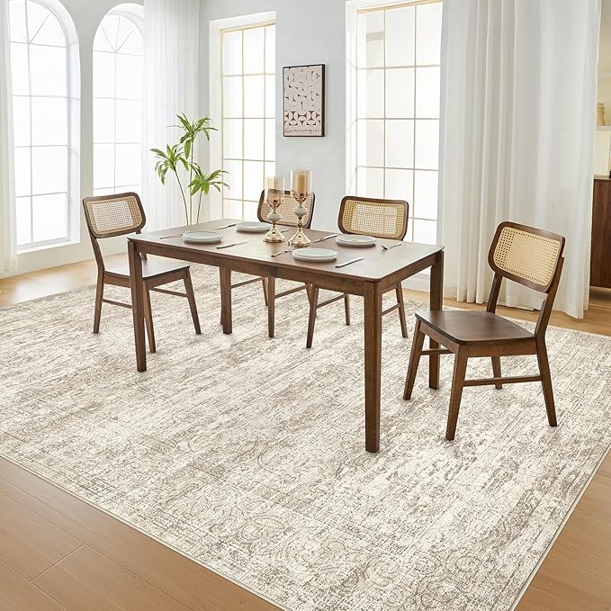 Area Rug Living Room Rugs - 6x9 Abstract Large Soft Indoor Washable Rug Neutral Modern Low Pile Carpet for Bedroom Dining Room Farmhouse Home Office - Vintage Beige