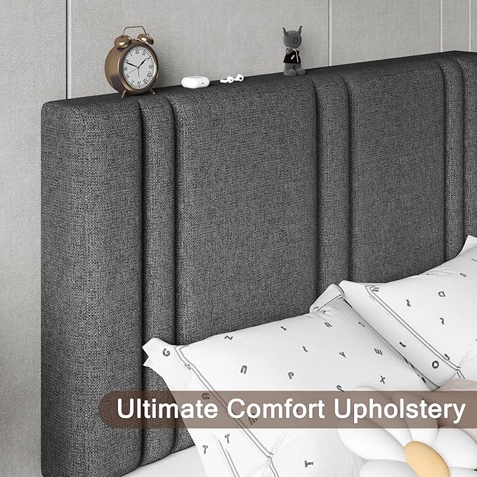 Upholstered Twin Size Bed Frame with Linen Fabric Headboard, Strong Wooden Slats Support, Noise Free, No Box Spring Needed, Dark Grey