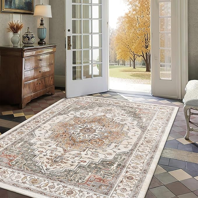 4x6 Area Rug for Bedroom Machine Washable Low Pile Vintage Distressed Rugs Stain Resistant Faux Wool Rug Ultra Soft Non-Slip Area Rugs for Living Room, Playroom, Kitchen,Home Office