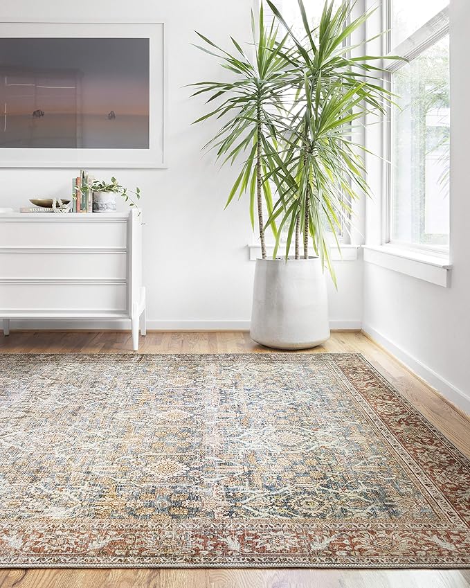 Loloi Layla Collection LAY-04 Ocean/Rust 3'-6" x 5'-6" .13" Thick Accent Rug, Soft, Durable, Vintage Inspired, Distressed, Low Pile, Non-Shedding, Easy Clean, Printed, Living Room Rug