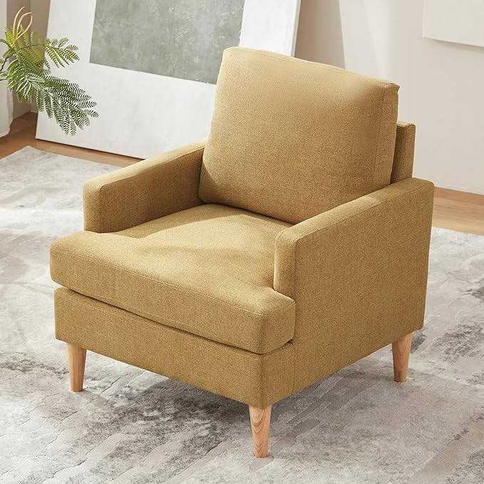 VKNOW Mid-Century Accent Chair, No Tools Assembly Required, Modern Upholstered Polyester Armchair for Living Room,Comfy Reading Accent Chairs with Wood Legs for Bedroom, Yellow