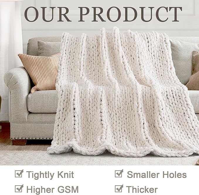 Chunky Knit Throw Blanket 50"X 60", 100% Handmade with Soft Chenille Yarn, 4.4lbs Thick Cable Knitted Blankets, Large Rope Knot Crochet Throws for Couch Sofa Bed Home Decor, Cream White
