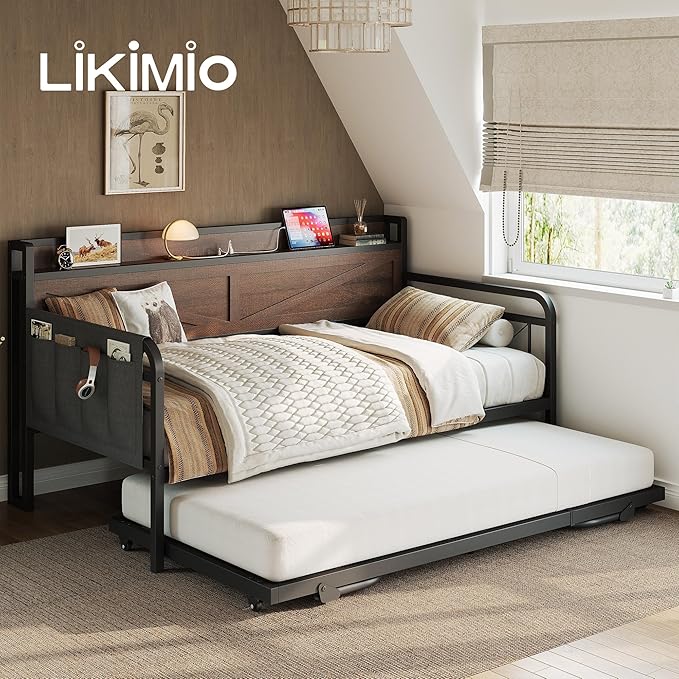 LIKIMIO Twin Daybed with Trundle Bed, Storage Headboard with Charging Station, Sofa Day Bed with Strong Supports for Living Room, Bedroom, and Guest Room, Dark Brown