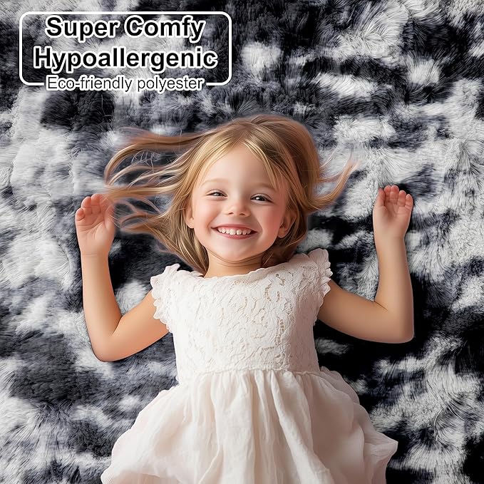 PAGISOFE Black White Rugs for Living Room 6x9, Shag Fuzzy Fluffy Washable Rugs for Bedroom Kids Room Playroom Dorm Shaggy Soft Carpet for Home Decor Aesthetic Plush Bedside Rug Modern Grey Rug