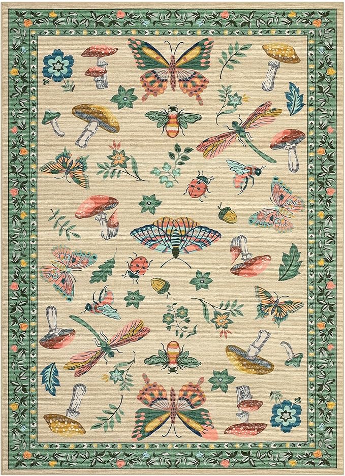 Mushroom Insect Washable Rug 5x7 Area Rugs for Bedroom Non Slip with Rubber Back Low Pile Stain Resistant Butterfly Carpet for Living Room Nursery Kitchen Dining Room Khaki Green