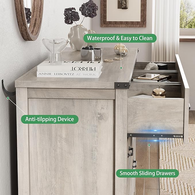 Dresser for Bedroom with 7 Drawers, 48" Wide Modern Chest of Drawers with Deep Drawers & Mental Handle, Wood Dresser TV Stand, Wooden Closet Storage Organizer for Living Room, Hallway, Entryway, Grey