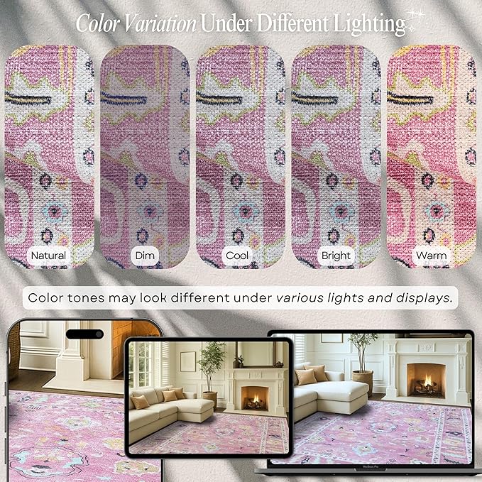 Fame Rugs Pink Modern Oushak Rug 2x3, Vintage Doormat Turkish Colorful Oriental Antique Inspired Washable Small Area Rug, Luxury Living Room Bedroom (995PP, 2' x 3')