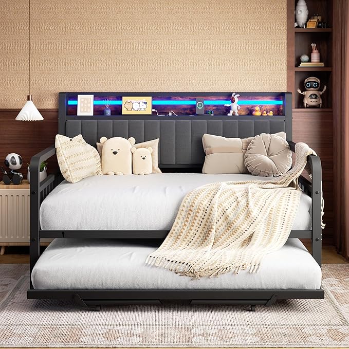 Daybed with Trundle and LED Light, Heavy Duty Metal Full Bed Frame with Upholstered Storage Headboard & Charging Station, Day Bed Pop Up Trundle Bed for Living Room,Bedroom and Guest Room, Brown
