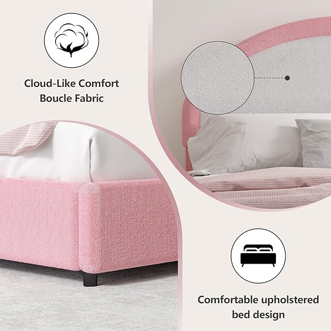 Full Size Bed Frame, Boucle Upholstered Platform Bed Frame with Headboard, White Bed Frame, Soft Rounded Corners, No Box Spring Required, Easy Assembly, Pink&White