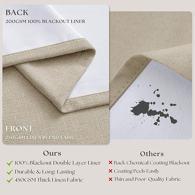 Neutral Beige Linen Pinch Pleated Blackout Curtains 84 Inches Long for Bedroom Living Room Darkening 100% Black Out Pinch Pleat Drape with Liner Farmhouse 84 Inch Curtain for Dining Room Oatmeal Sand