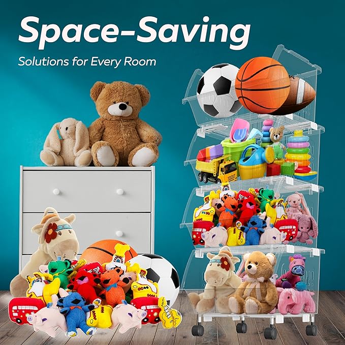 TidyFriend Plastic Stackable Storage Bins Clear - 4 Pack Large Open Front Bins For Toy Organizers and Pantry, Kitchen, Bathroom Essentials