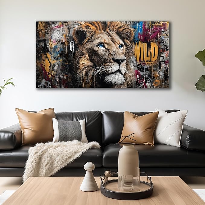 JuhaiArt Graffiti Wall Art Lion Picture Brown Wall Decor Animal Wall Art Canvas for Living Room Bedroom Home Office Prints Colorful Artwork 24" x 48"