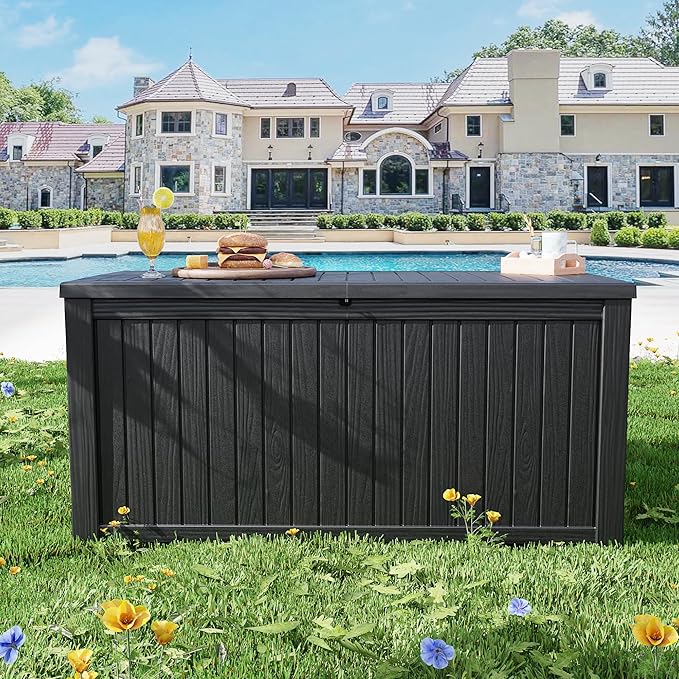 Outdoor Storage Box Waterproof Large, 180 Gallon Lockable Resin Deck Box, Patio Storage Bin for Pool Accessories Cushion Furniture, Garden Tools, UV-Resistant Outside Delivery, Black