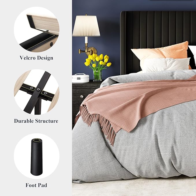 Allewie Full Size Velvet Bed Frame/Vertical Channel Tufted Wingback Headboard/Upholstered Platform Bed/Strong Wooden Slats/No Box Spring Needed/Easy Assembly/Black