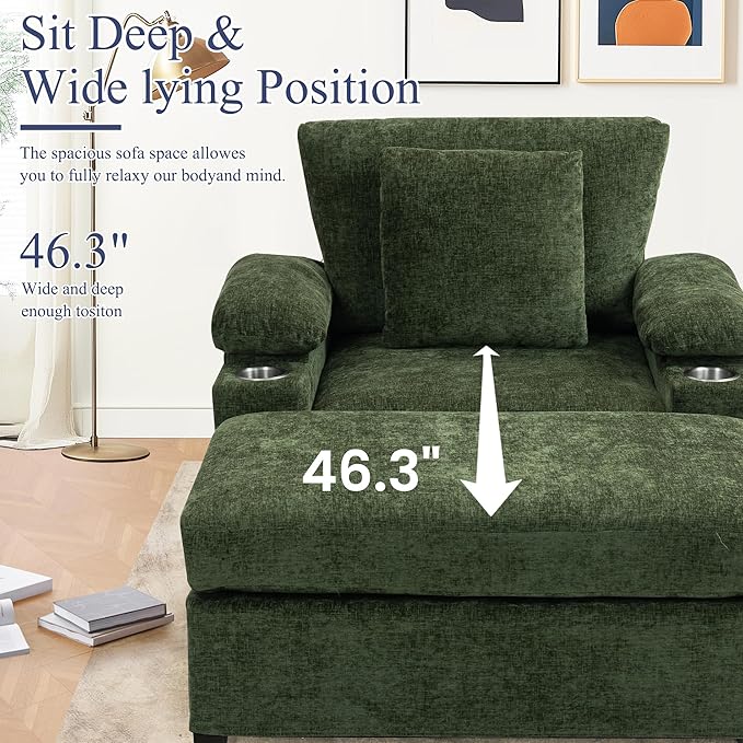 SUNWAVE 58" Chaise Lounge Chair with Ottoman, Chenille Fabric Sofa Bed, Accent Chair with Cupholders & USB Charging Ports for Living Room, Bedroom, Apartment (1 Chaise Forest Green)